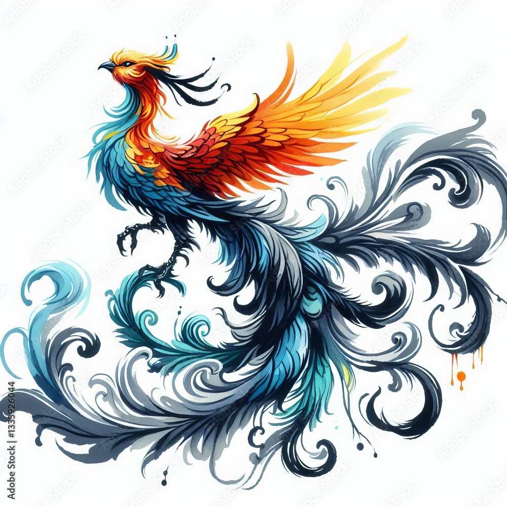Fototapeta premium Mythical Phoenix Chinese Painting Guohua