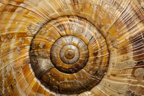 Exploring the Intricate Spiral: A Detailed Macro View of a Snail Shell's Stunning Texture and Growth Patterns, Revealing Nature's Geometric Wonders with a Golden Brown Hue.