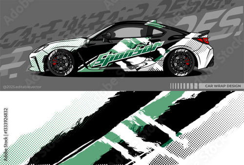 Car wrap design vector with black, green, white colour. Abstract decal livery. Sticker vinyl body car. Suitable for racing, drift, rally or daily use 