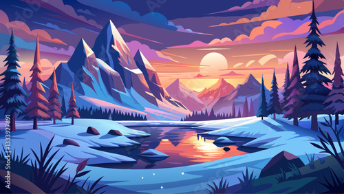 Mysterious winter landscape majestic mountains in sunset.