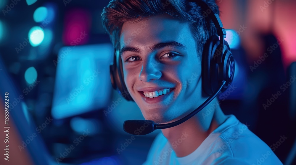 Portrait of a happy young man wearing a headset and playing video games on a computer at night. Portrait of a happy young man wearing a headset and playing video games on a computer at night.