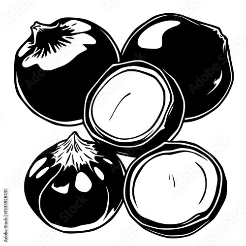 Black and White Illustration of  Delicious Asian Fruits                                             