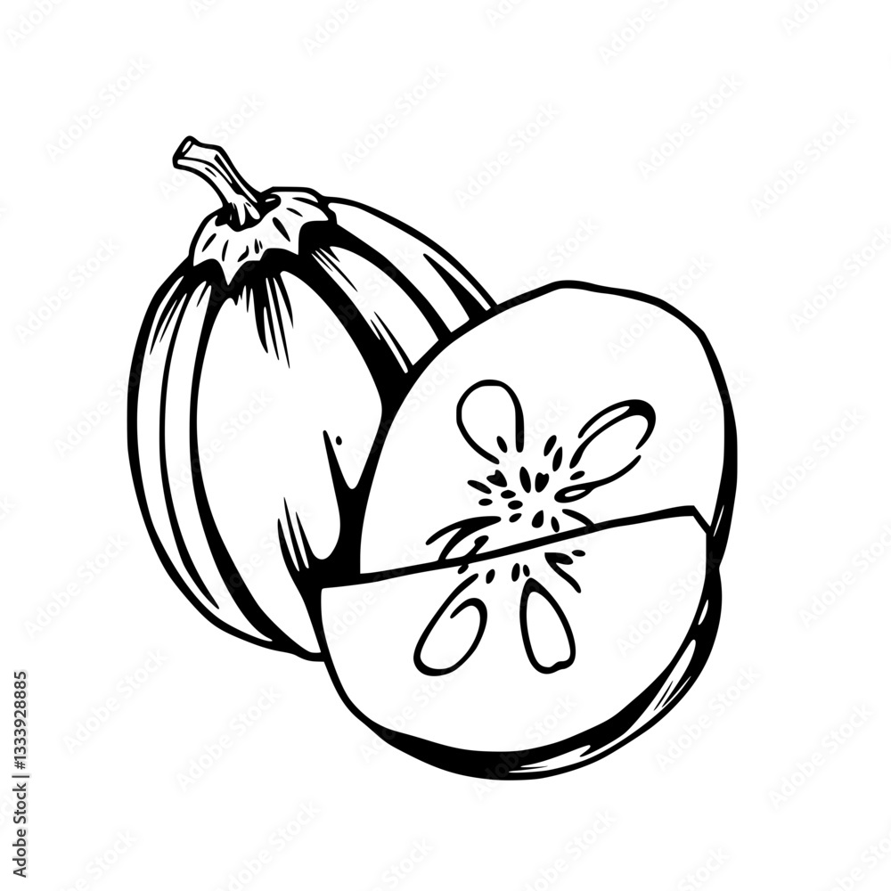 Pumpkin Illustration Whole and Sliced Black and White Drawing Pumpkin Illustration Whole and Sliced Black and White Drawing