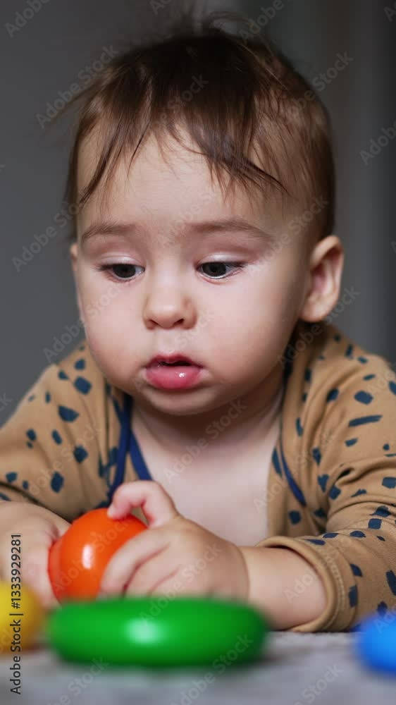 Small child playing with colored toys. Little cute boy in playroom. Vertical video Small child playing with colored toys. Little cute boy in playroom. Vertical video