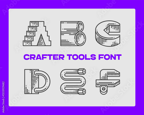 Set of vector crafter tools made in a shape of letters. Graphic design symbol alphabet font.