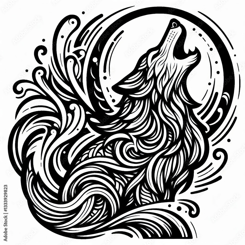Obraz premium Line Art Wolf Tattoo Style 