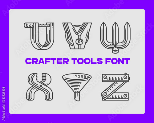 Set of vector crafter tools made in a shape of letters. Graphic design symbol alphabet font.