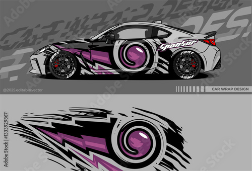 Car wrap design vector with grey, black, purple colour. Abstract decal livery. Sticker vinyl body car. Suitable for racing, drift, rally or daily use 