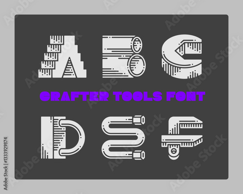 Set of vector crafter tools made in a shape of letters. Graphic design symbol alphabet font.