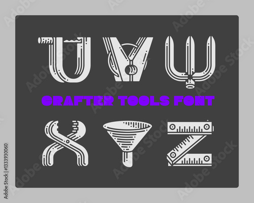 Set of vector crafter tools made in a shape of letters. Graphic design symbol alphabet font.