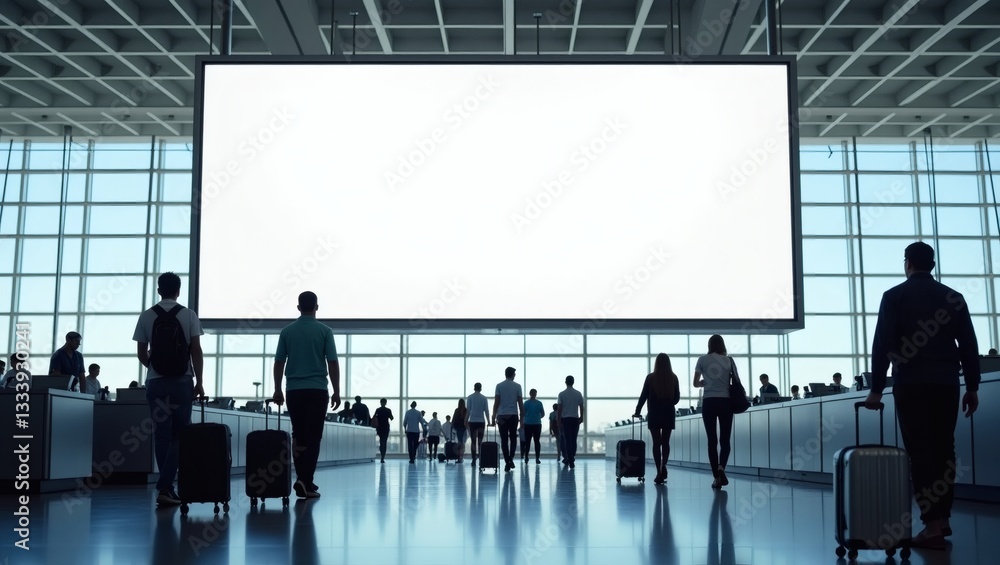 a large blank digital display screen in a modern airport terminal, with silhouetted travelers walking past it a large blank digital display screen in a modern airport terminal, with silhouetted travelers walking past it