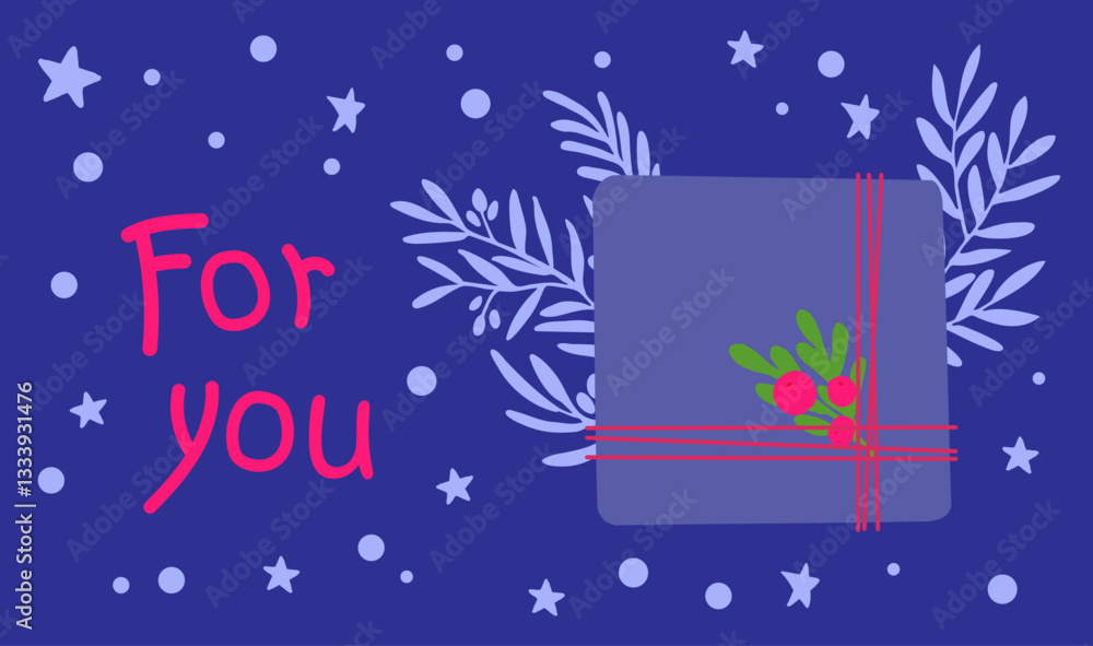 Fototapeta premium deep blue gift-themed illustration with a wrapped present, red berries, green leaves, and stars. Ideal for greeting cards, invitations, and festive decorations.