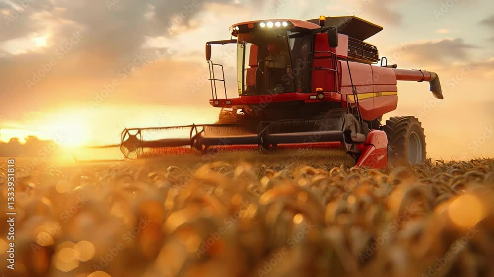 Harvesting wheat at sunset with a combine harvester in golden fields