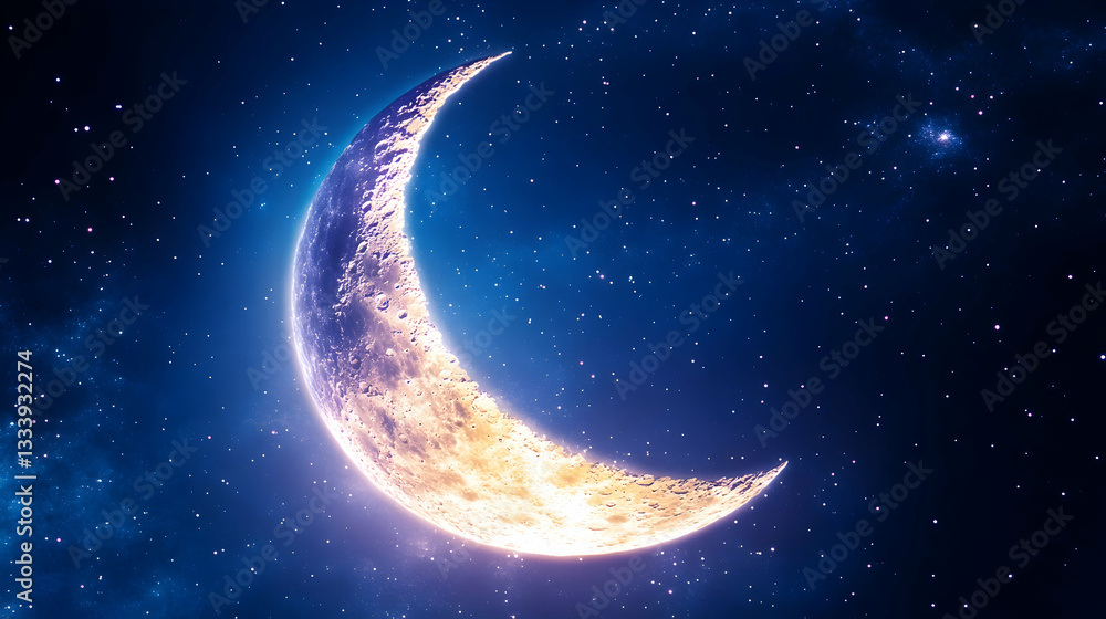 Fototapeta premium Crescent moon in starry night sky; beautiful celestial scenery; space background; wallpaper; poster