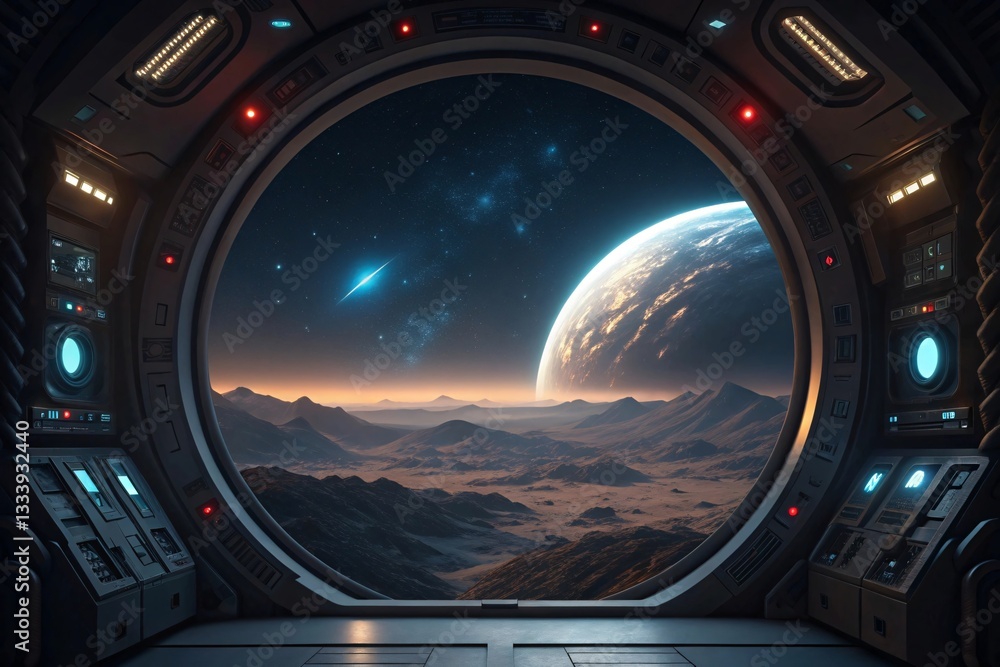 Futuristic Space Station Window View of Alien Planet and Galaxy Futuristic Space Station Window View of Alien Planet and Galaxy