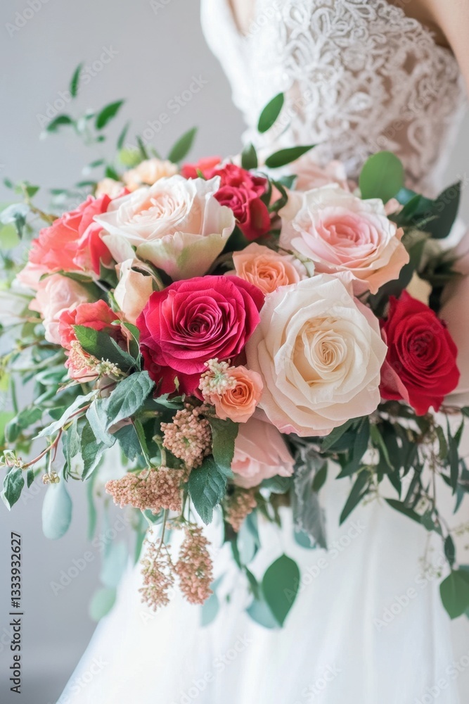 Stunning Bridal Bouquet: A Cascade of Coral, Peach, and Crimson Roses Stunning Bridal Bouquet: A Cascade of Coral, Peach, and Crimson Roses
