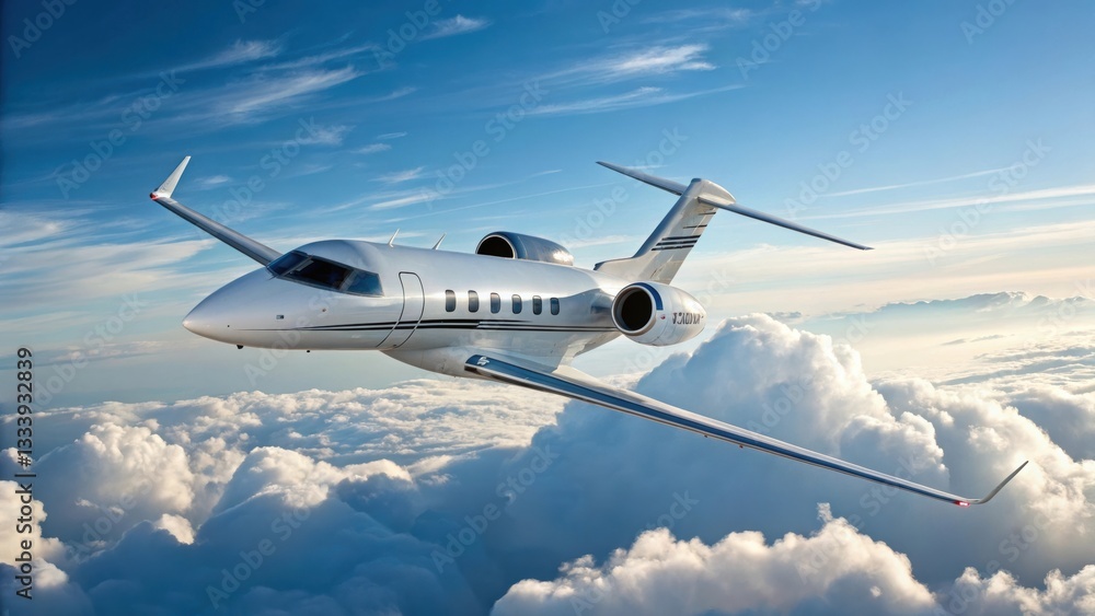 Fototapeta premium A sleek private jet soaring above clouds in a clear blue sky, showcasing luxury travel and aviation technology.