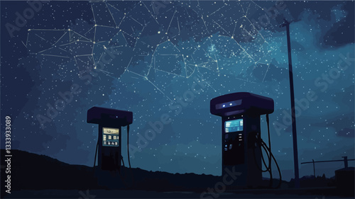 The image depicts two gas station fuel pumps silhouetted against a dark night sky.  A digital overlay of interconnected lines and points, resembling a constellation or network, is superimposed