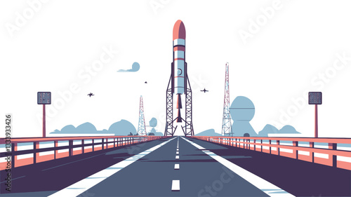 A stylized vector illustration depicting a rocket positioned on a highway leading to the horizon. The image uses a low-poly, minimalist style with flat colors and simple shapes. The rocket is