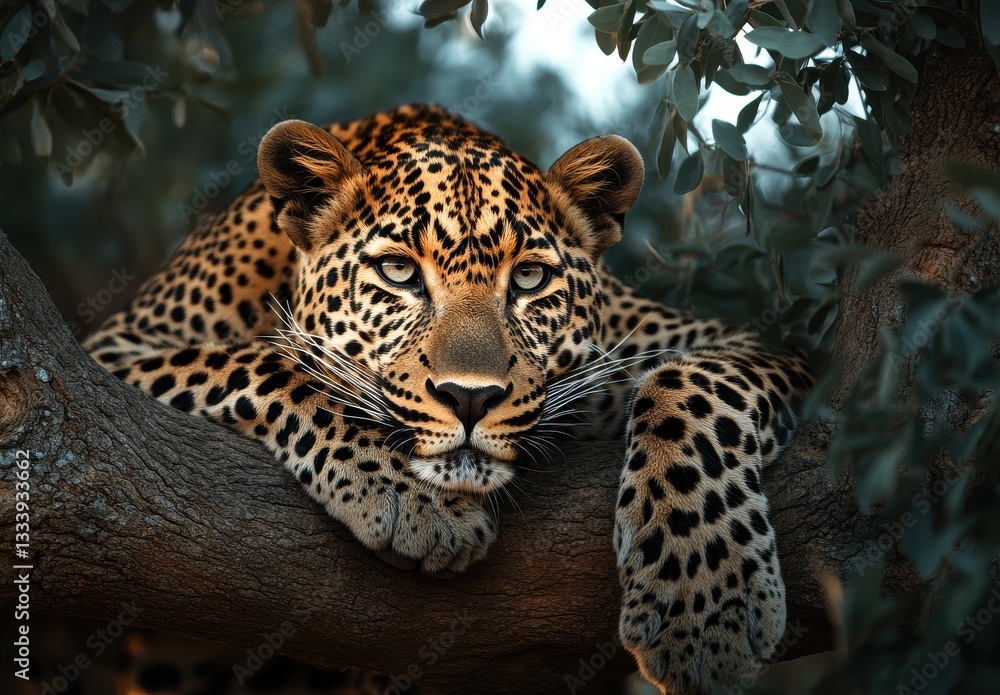 Majestic Leopard Resting on a Branch Surrounded by Lush Green Foliage, Captivating Wild Animal in Nature, Close-Up Portrait, Stunning Wildlife Scene Majestic Leopard Resting on a Branch Surrounded by Lush Green Foliage, Captivating Wild Animal in Nature, Close-Up Portrait, Stunning Wildlife Scene