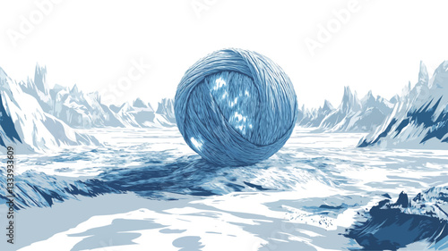 The image is a digital painting depicting a large, crystalline sphere resting on a flat, icy plain.  The sphere is predominantly blue with lighter blue and white highlights suggesting internal