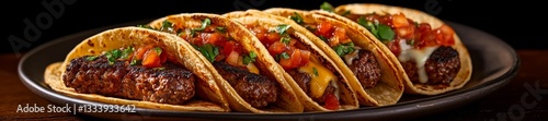 Gourmet Smash Burger Tacos on a Dark Plate Culinary Delight. Generative AI