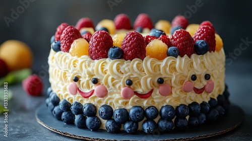 Festive Fruit-Topped Cake with Smiling Frosting
