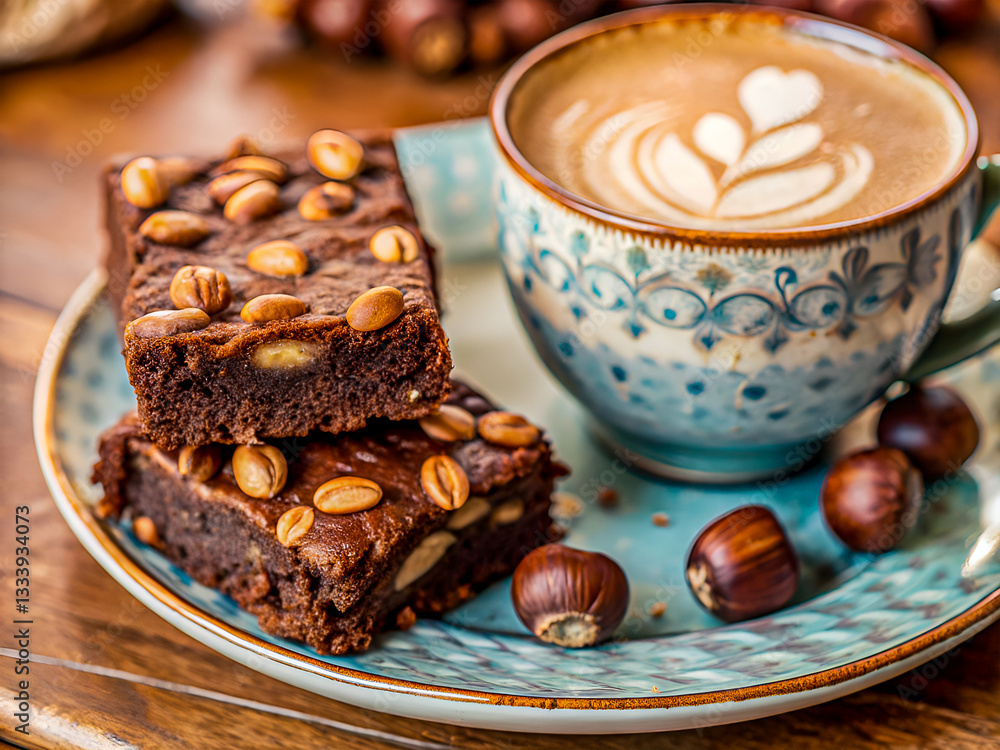 Tasty homemade hazelnut brownies and a hazelnut latte. Delicious food and drink background Tasty homemade hazelnut brownies and a hazelnut latte. Delicious food and drink background