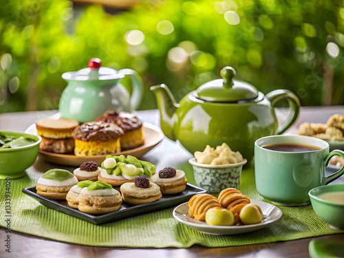 Tasty green-themed tea party with teapot and pastries. Delicious food and drink background