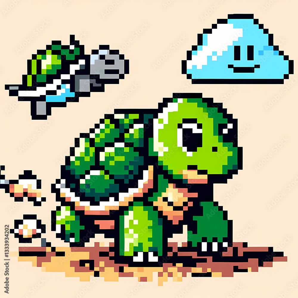 Obraz premium Pixel art turtle walking on solid background.