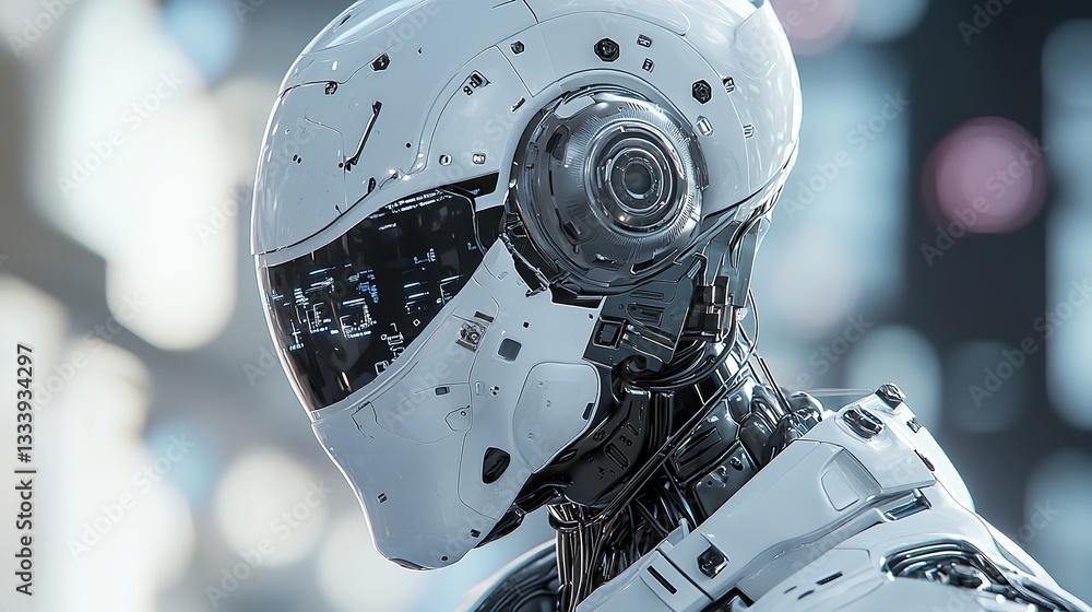 Fototapeta premium A futuristic humanoid robot with glowing red eyes in a cityscape