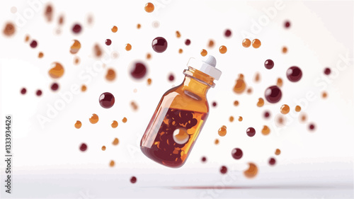 A 3D rendering depicts an amber-colored liquid inside a small, clear glass bottle with a white cap. The bottle is shown in a floating or levitating position against a white background. Numerous