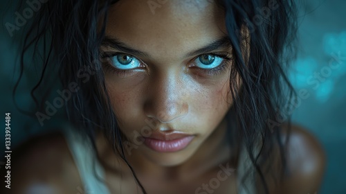 A melancholic mixed-race teenager girl, her eyes reflecting the weight of the world, stands defiantly, her gaze fixed on an unseen adversary, a symbol of bullying cruel grip.