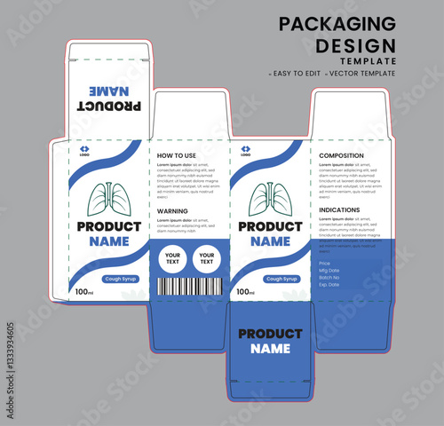 100 ml easy to editable vector cough syrup box packaging template design