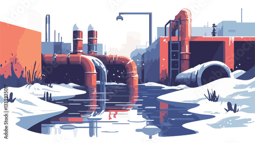 A stylized illustration depicting an industrial scene in winter. The image features rusty red and dark blue pipes discharging into a polluted body of water partially covered with snow.  The style