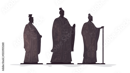 The image shows three dark brown, possibly wooden, silhouettes of figures.  Each figure is depicted in long, flowing robes characteristic of traditional Asian attire. They stand upright against a