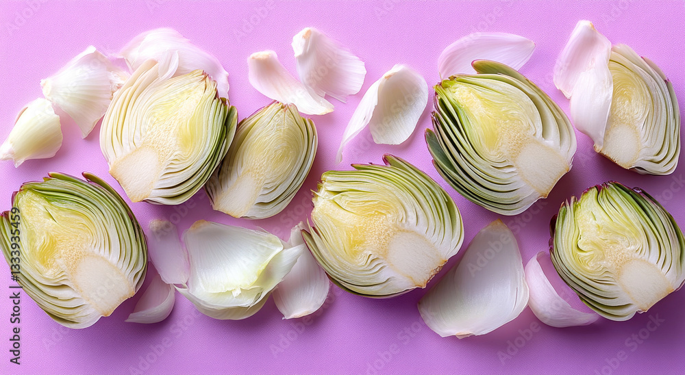 Sliced artichokes in petals. Fresh artichokes are sliced and beautifully arranged with delicate petals on a vibrant pink surface. Sliced artichokes in petals. Fresh artichokes are sliced and beautifully arranged with delicate petals on a vibrant pink surface.