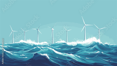 A stylized illustration depicting a series of wind turbines positioned in a turbulent sea. The color palette is primarily shades of blue and turquoise. The waves are depicted with a stylized,