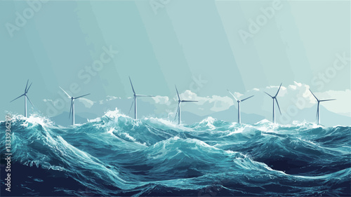 Digital illustration depicting a line of offshore wind turbines situated in a turbulent sea with large, powerful waves. The color palette is predominantly shades of blue, ranging from light