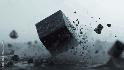 The image depicts a large, dark grey cube in the process of disintegration.  Smaller fragments of the cube are scattered around it, suspended in mid-air, creating a sense of motion and chaos. The