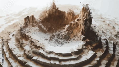 High-angle, close-up view of an elaborate sandcastle. The castle is composed of numerous concentric circular layers, each with detailed miniature structures resembling towers and walls.  The sand