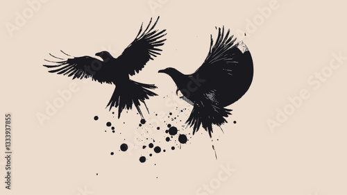 The image shows a minimalist graphic design featuring two black bird silhouettes in flight. The birds are depicted with spread wings, appearing dynamic and graceful.  They are set against a pale