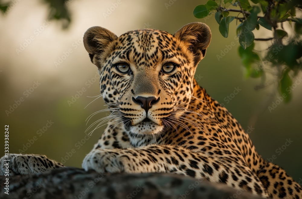 Fototapeta premium Majestic Leopard Resting on a Rock with Beautiful Background in Nature, Captivating Wildlife Photography of a Leopard in Its Habitat