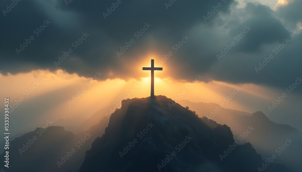 Christian cross, crucifixion on beautiful mountain rock at sunrise landscape. jesus easter resurrection concept. Good Friday. Religion, Bible, Christianity and faith concept Christian cross, crucifixion on beautiful mountain rock at sunrise landscape. jesus easter resurrection concept. Good Friday. Religion, Bible, Christianity and faith concept