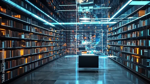 Futuristic library interior with glowing shelves, digital displays, and a minimalist table in the center