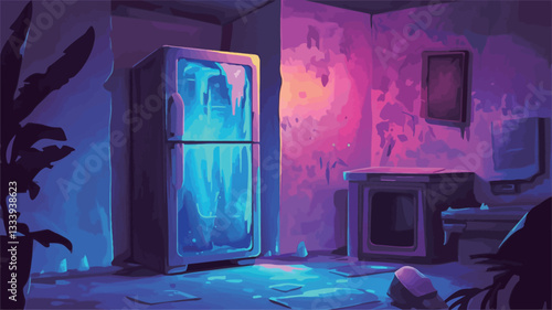 Digital illustration depicting the interior of a dilapidated room illuminated by neon lighting.  A large refrigerator dominates the scene, its interior glowing with a bright blue light. The walls