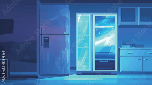 Digital illustration depicting a minimalist kitchen interior at night. The scene is dominated by a brightly lit refrigerator, its light illuminating the surrounding area.  The color palette is