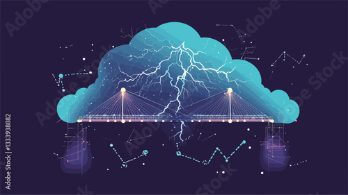 Abstract digital illustration depicting a stylized cloud with a bridge structure integrated within it.  The cloud is rendered in shades of light teal, with a prominent lightning bolt striking