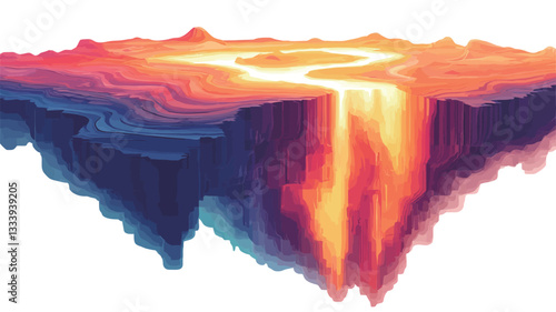 Digital illustration depicting a floating island with a central river of glowing lava that cascades down the side. The island is rendered in vibrant colors, predominantly blues, purples, and