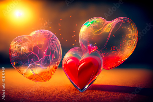 Colorful transparent hearts floating in a unique background creating a joyful, romantic atmosphere with sparkling effects. Generative AI